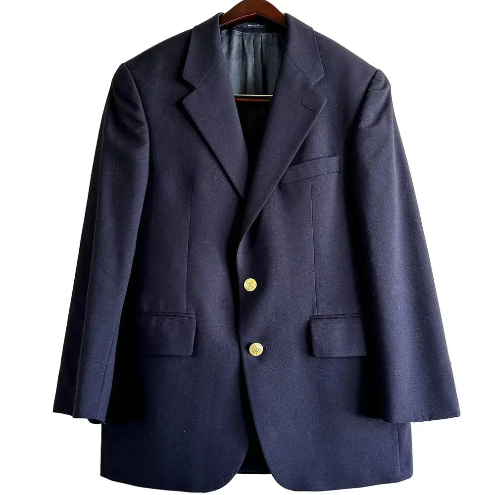 Polo University Club Ralph Lauren Hopsack Gold Button Blazer Pure Wool Blue 44R